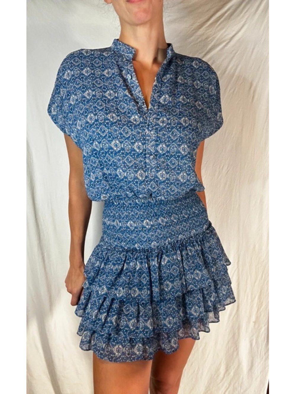 MISA Los Angeles Women's Blue Patterned Smocked Waist Mini Dress Size S
